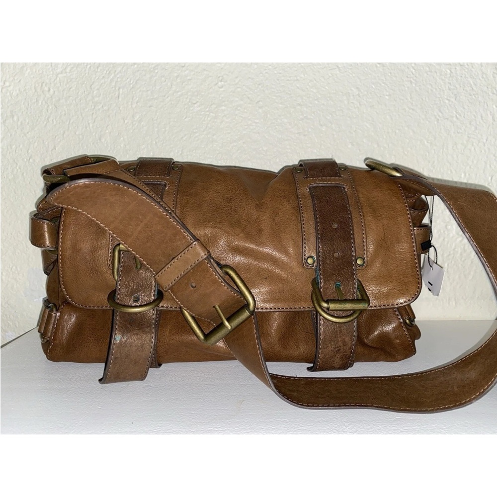 Kooba Gretchen Brown Leather Shoulder Bag Satchel Heavy Flap Over